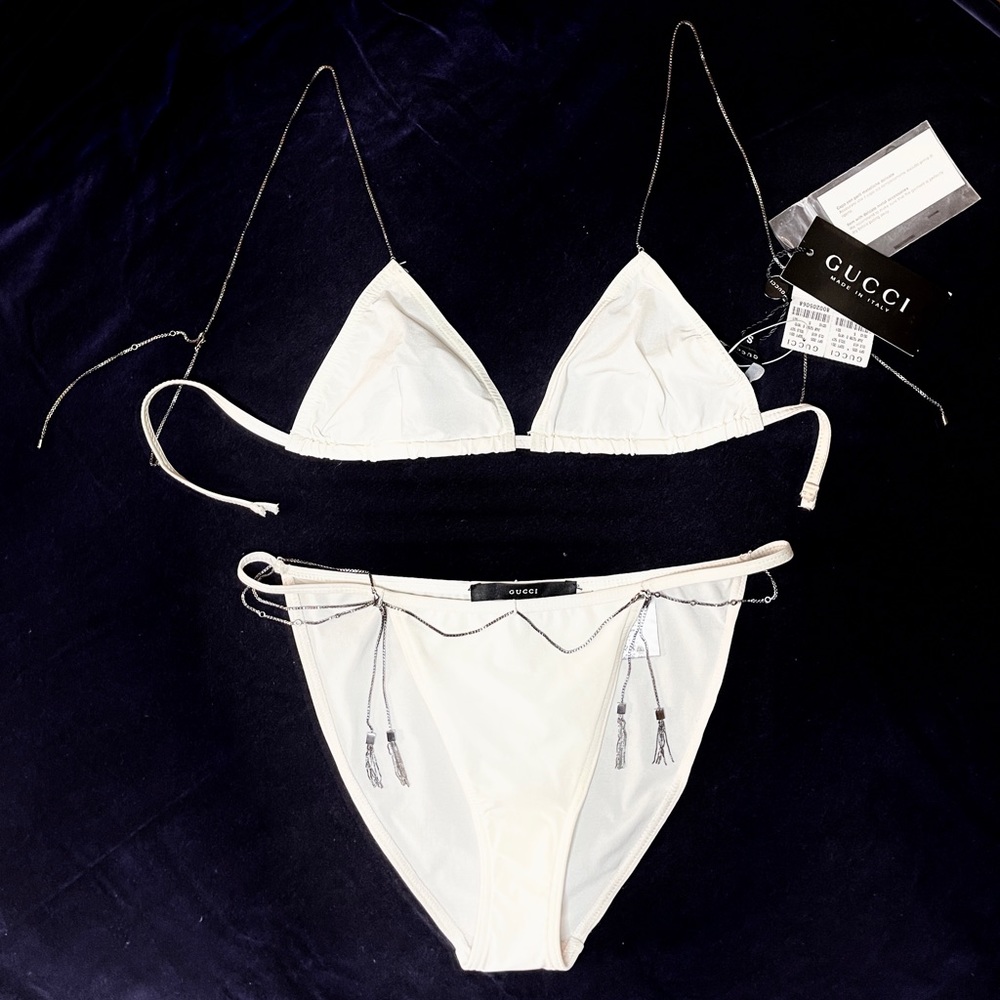 Vintage Gucci by Tom Ford White Bikini w/Gunmetal Chain S/S 2000 RARE WITH TAGS!